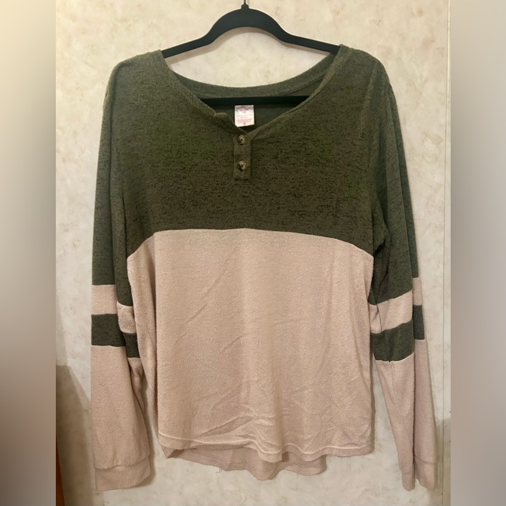 No Boundaries Olive and Cream Long Sleeve Tee